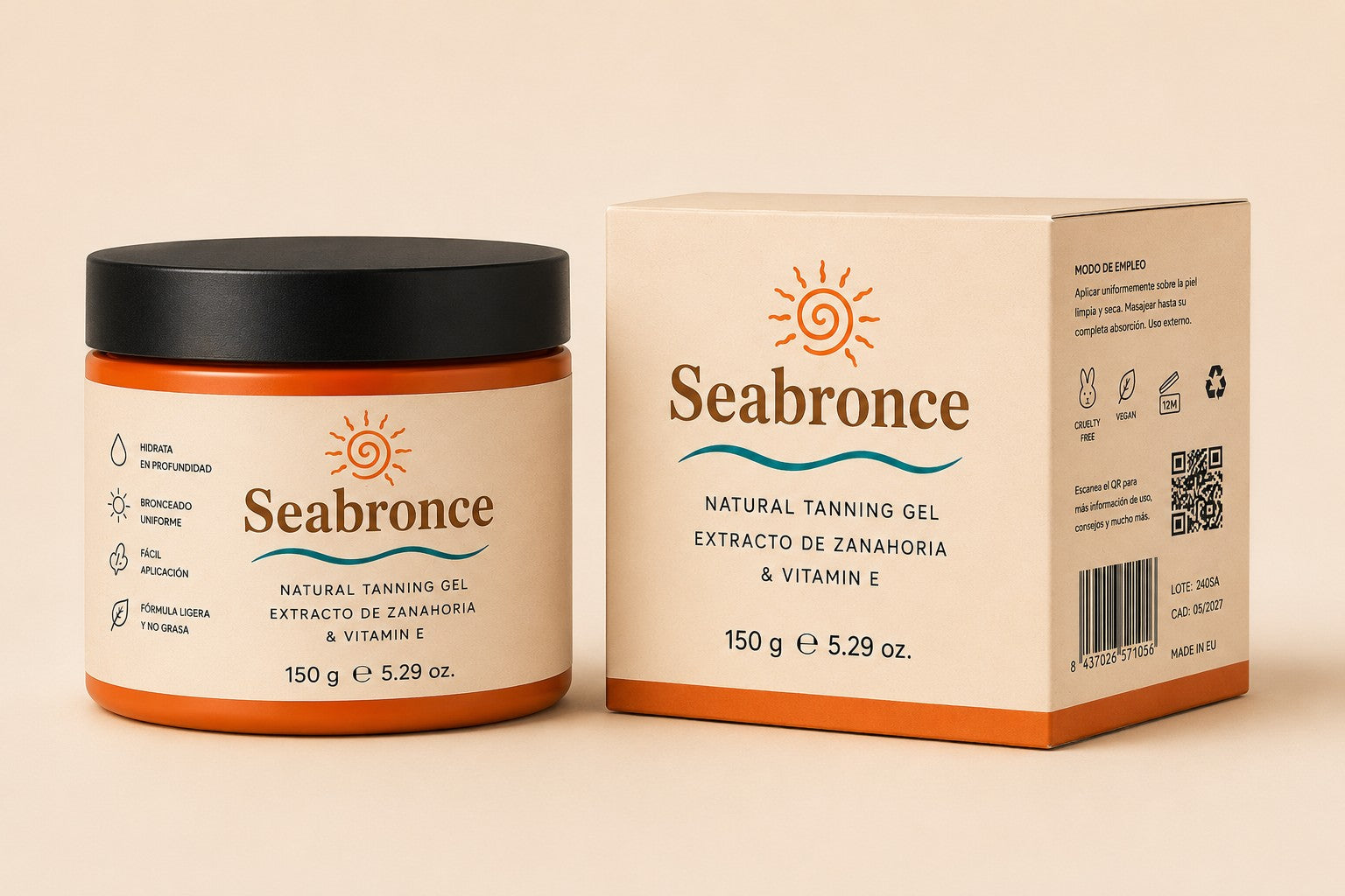 Caja y bote de Seabronce sobre estera de playa